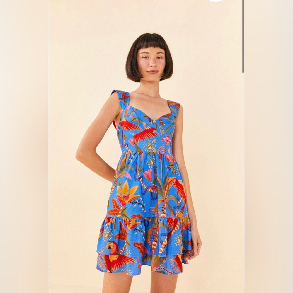 NWT FARM Rio Blue Macaw Party Mini Dress